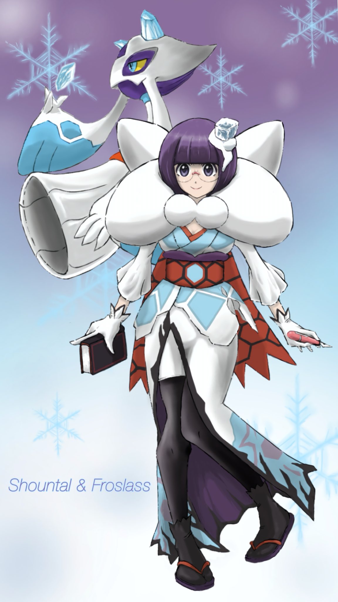 1girl, book, character_name, colored_sclera, froslass, full_body, glasses, highres