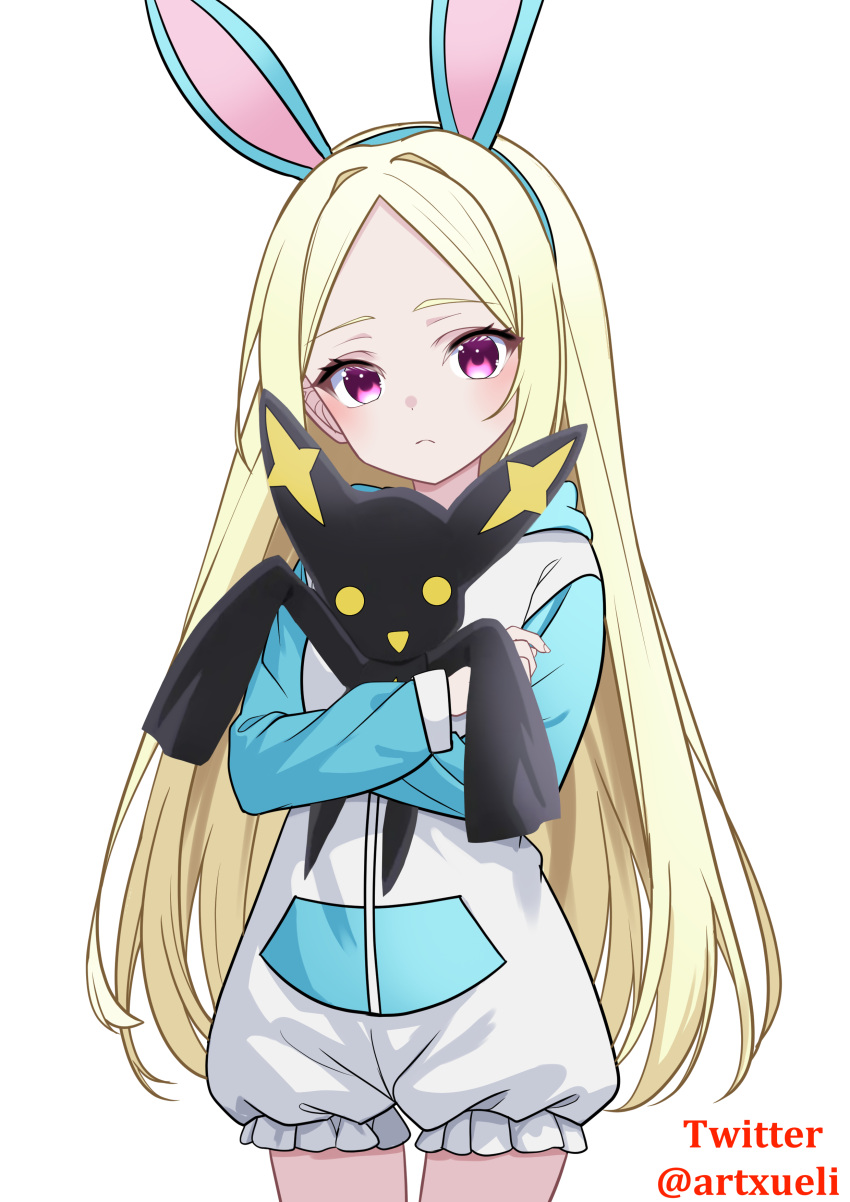 1girl, absurdres, animal_ears, blonde_hair, fake_animal_ears, highres, hug, long_hair