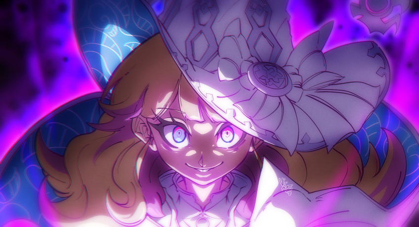 1girl, absurdres, blonde_hair, blunt_bangs, diabellze_the_original_sinkeeper, duel_monster, glowing, grin