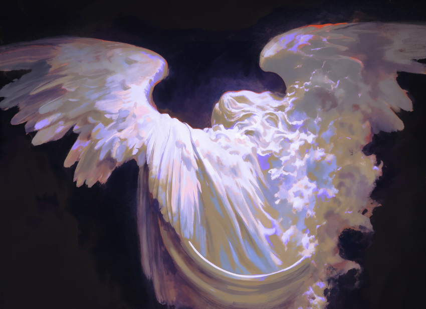 1other, angel, angel_wings, black_background, feathered_wings, from_behind, highres, original