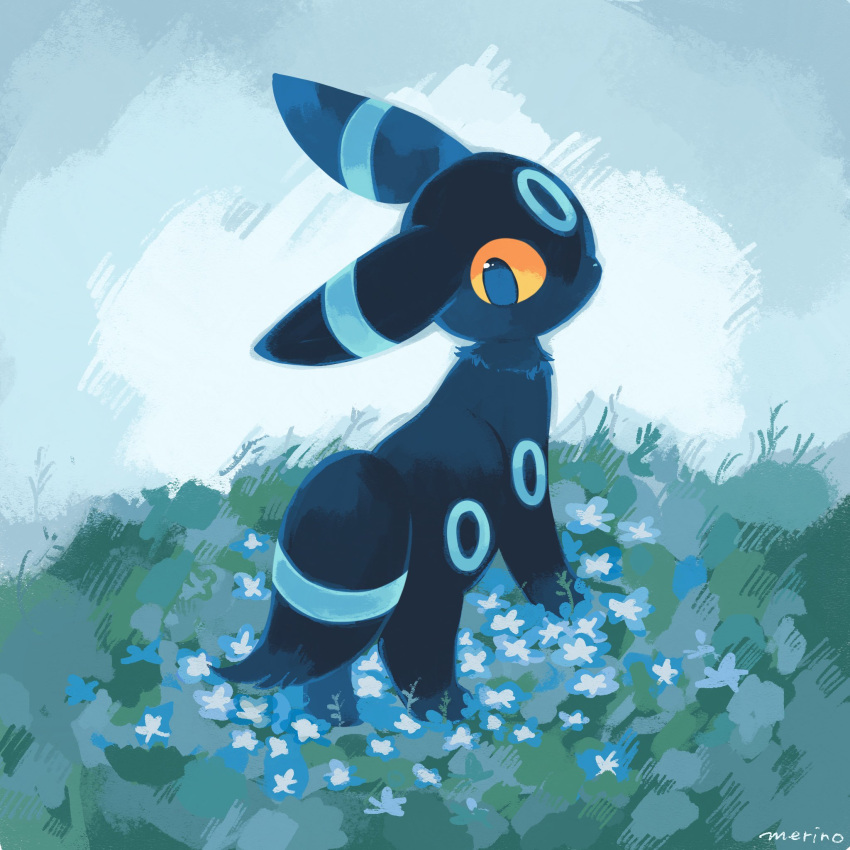 alternate_color, artist_name, black_eyes, blue_flower, colored_sclera, flower, grass, highres