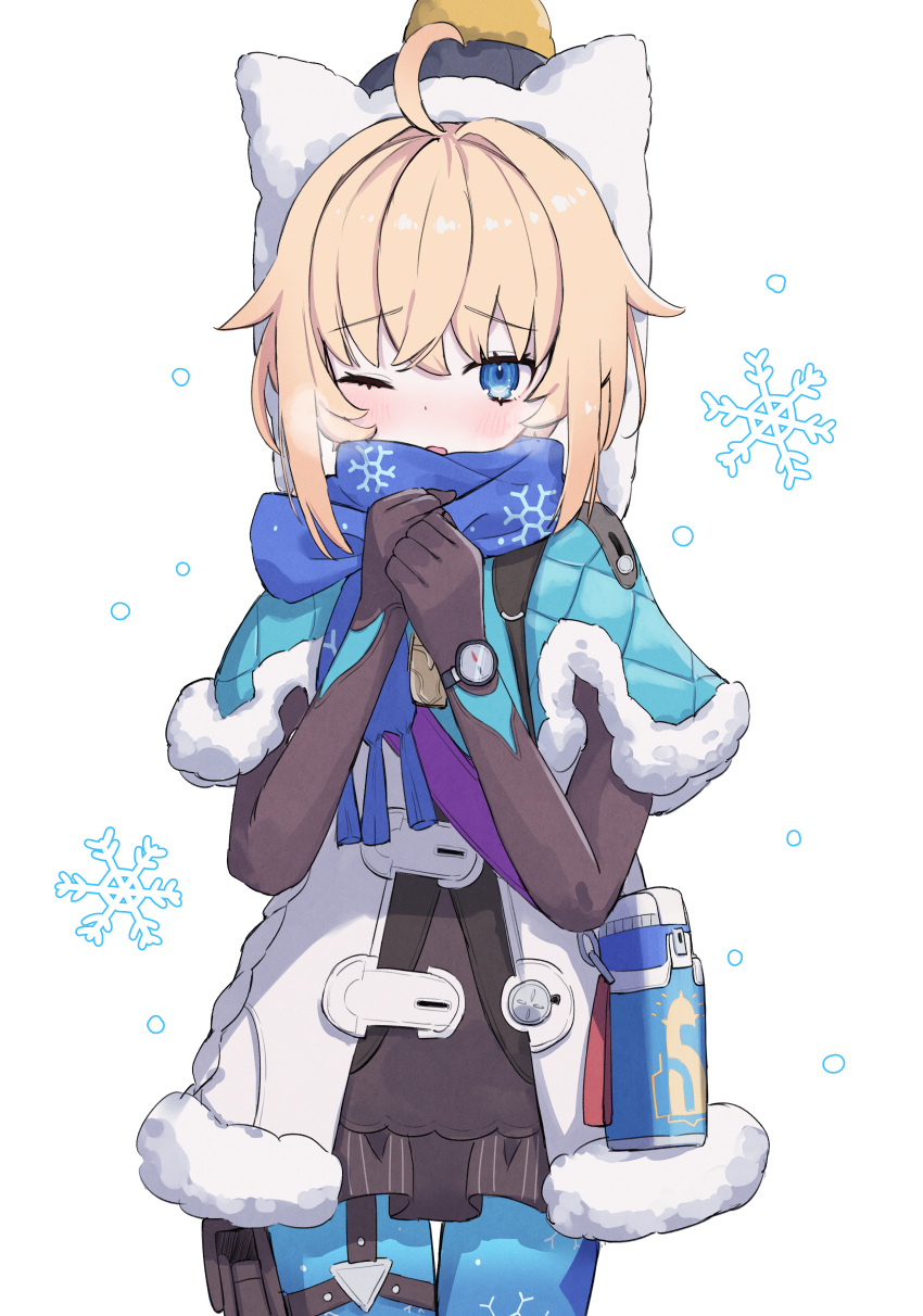 1girl, ;o, absurdres, ahoge, animal_ear_hood, animal_ears, animal_hood, black_gloves, black_sweater, blonde_hair, blue_capelet, blue_pantyhose, blue_scarf, blush, capelet, commentary_request, fake_animal_ears, fur-trimmed_capelet, fur_trim, gloves, hat, highres, honkai:_star_rail, honkai_(series), hood, lynx_landau, one_eye_closed, open_mouth, own_hands_together, pantyhose, pouch, scarf, short_hair, simple_background, snowflake_print, snowflakes, solo, sweater, tama_sakura, thermos, thigh_strap, watch, whistle, whistle_around_neck, white_background, winter_clothes