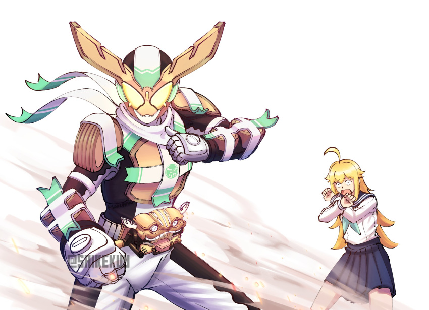 2girls, ahoge, antlers, armor, belt, blonde_hair, blue_neckerchief, blue_sailor_collar