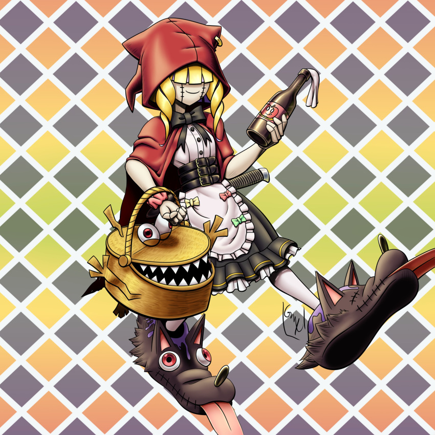 1girl, absurdres, apron, black_bow, black_bowtie, black_skirt, blonde_hair, bottle, bow, bowtie, chaperomon, cloak, digimon, digimon_(creature), hair_over_eyes, highres, holding, holding_bottle, hood, hooded_cloak, maxirider, molotov_cocktail, patterned_background, picnic_basket, red_cloak, red_hood, sharp_teeth, signature, skirt, solo, teeth, waist_apron, white_apron