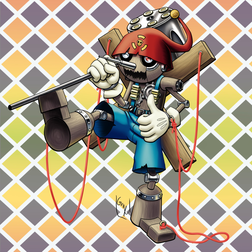 1boy, blue_overalls, digimon, digimon_(creature), gloves, hammer, hat, highres
