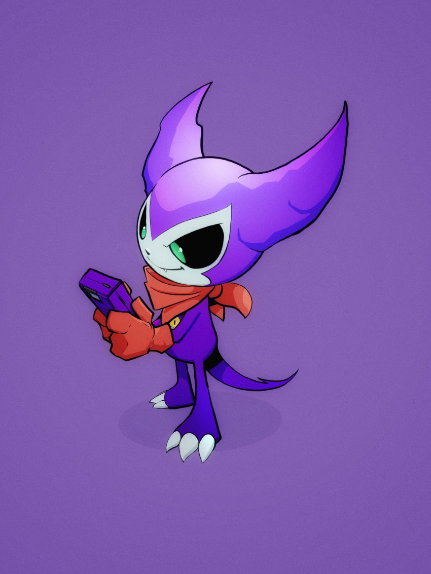 black_sclera, claws, colored_sclera, digimon, digimon_(creature), game_boy, gloves, green_eyes, handheld_game_console, highres, holding, holding_handheld_game_console, impmon, purple_background, red_gloves, simple_background, solo, standing, steven_purifoy