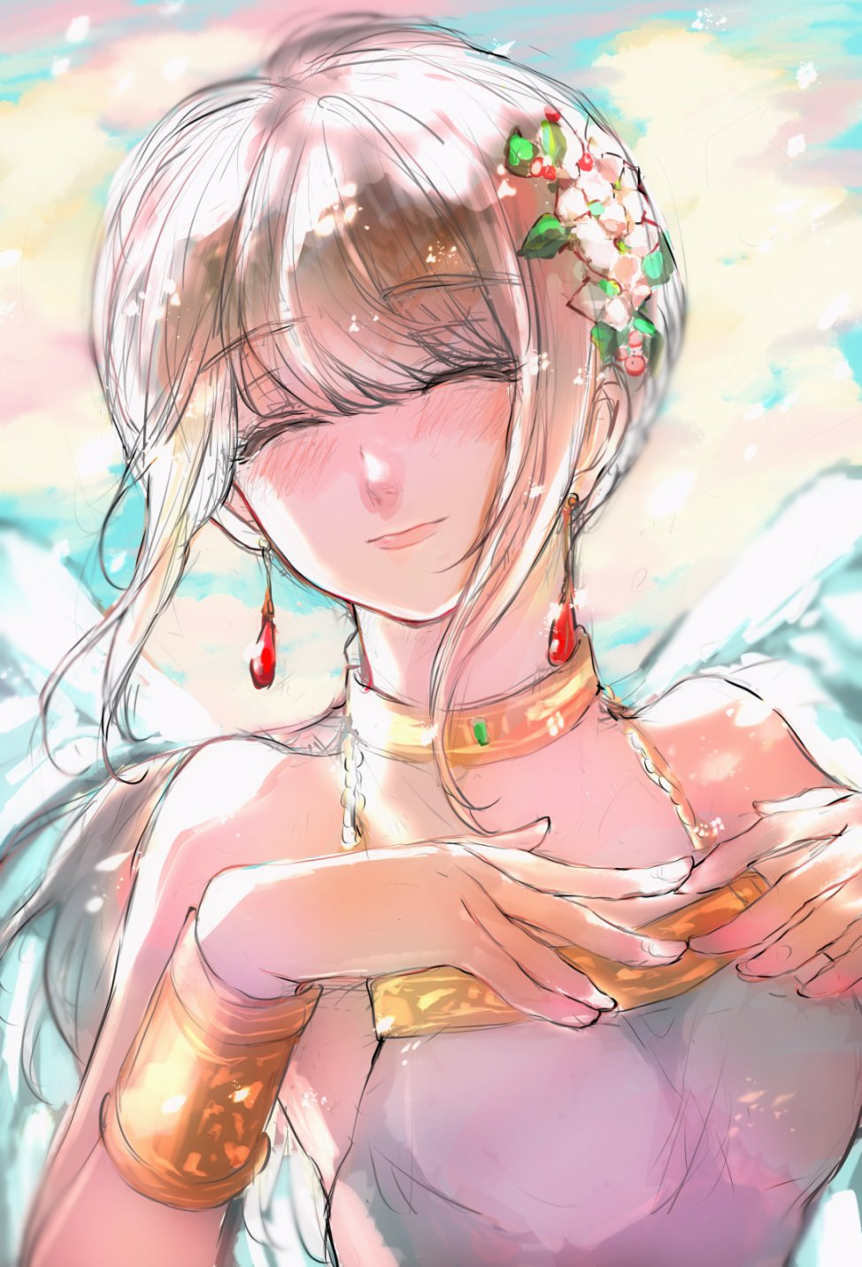 1girl, angel, angel_wings, blonde_hair, blurry, blurry_background, closed_eyes, closed_mouth