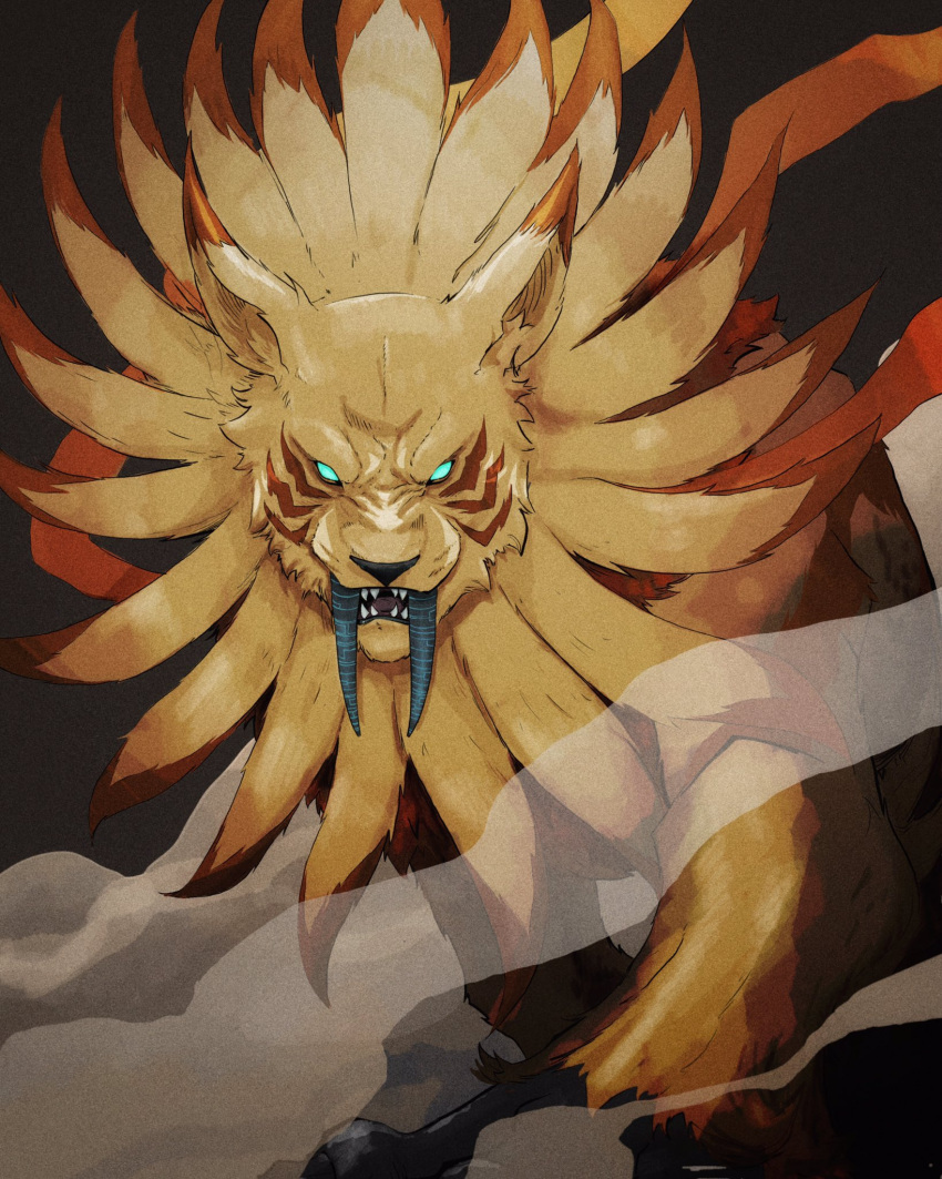 blue_eyes, digimon, digimon_(creature), fangs, highres, looking_at_viewer, no_humans, saberleomon, sharp_teeth, solid_eyes, solo, steven_purifoy, teeth