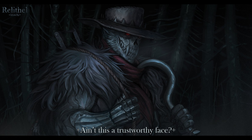 1boy, artist_name, bandana, brown_hat, commentary, english_text, fangs, fur_scarf, gauntlets, glasgow_smile, grin, hat, highres, holding, hook, letterboxed, long_sideburns, male_focus, missing_nose, original, pointy_ears, red_bandana, relithel, sideburns, smile, solo, upper_body