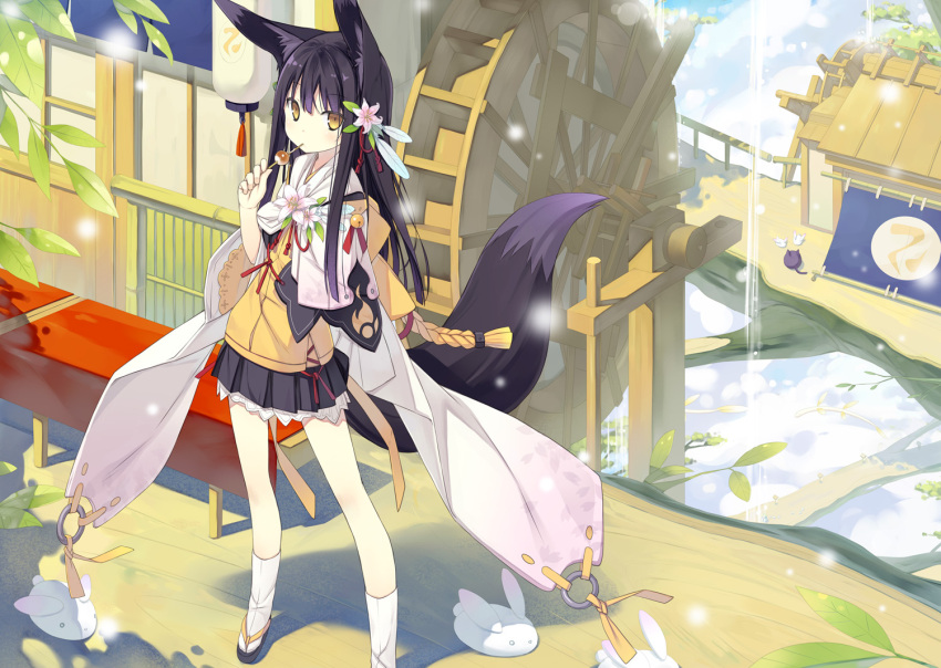 bare_legs, black_hair, dango, eating, flower, food, hair_flower, hair_ornament