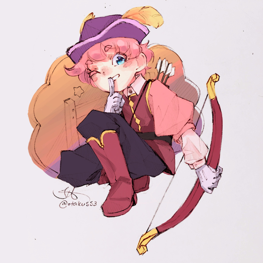 1boy, archer_kirby, arrow_(symbol), belt, black_belt, black_pants, blue_eyes, boots