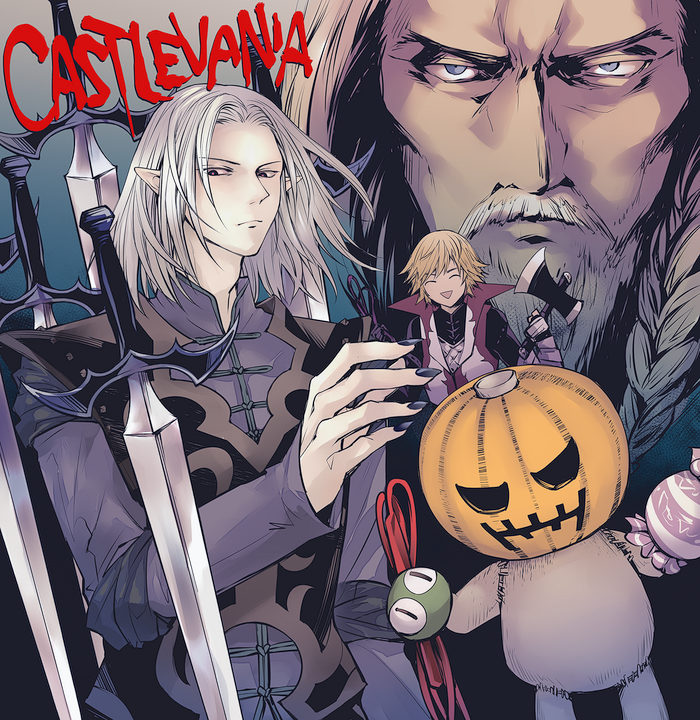 3boys, axe, black_nails, blonde_hair, candy, castlevania_(series), character_request, closed_mouth