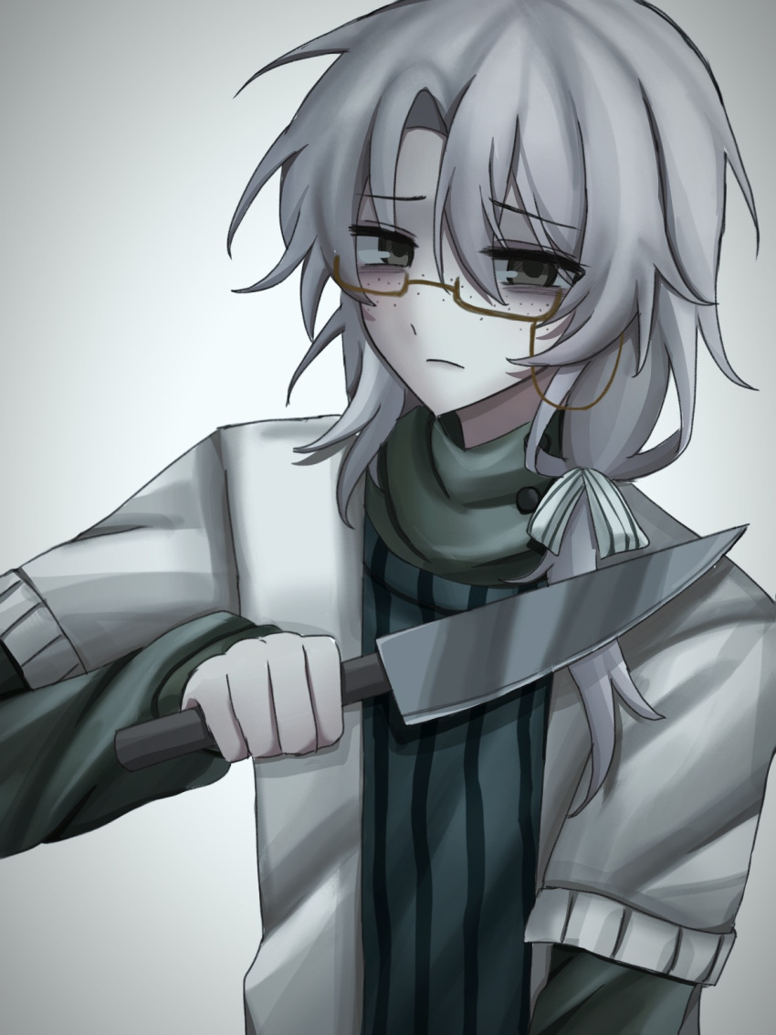 1boy, bai_ling_(touqi_guaitan), blue_vest, bow, brown-framed_eyewear, brown_eyes, cardigan, closed_mouth