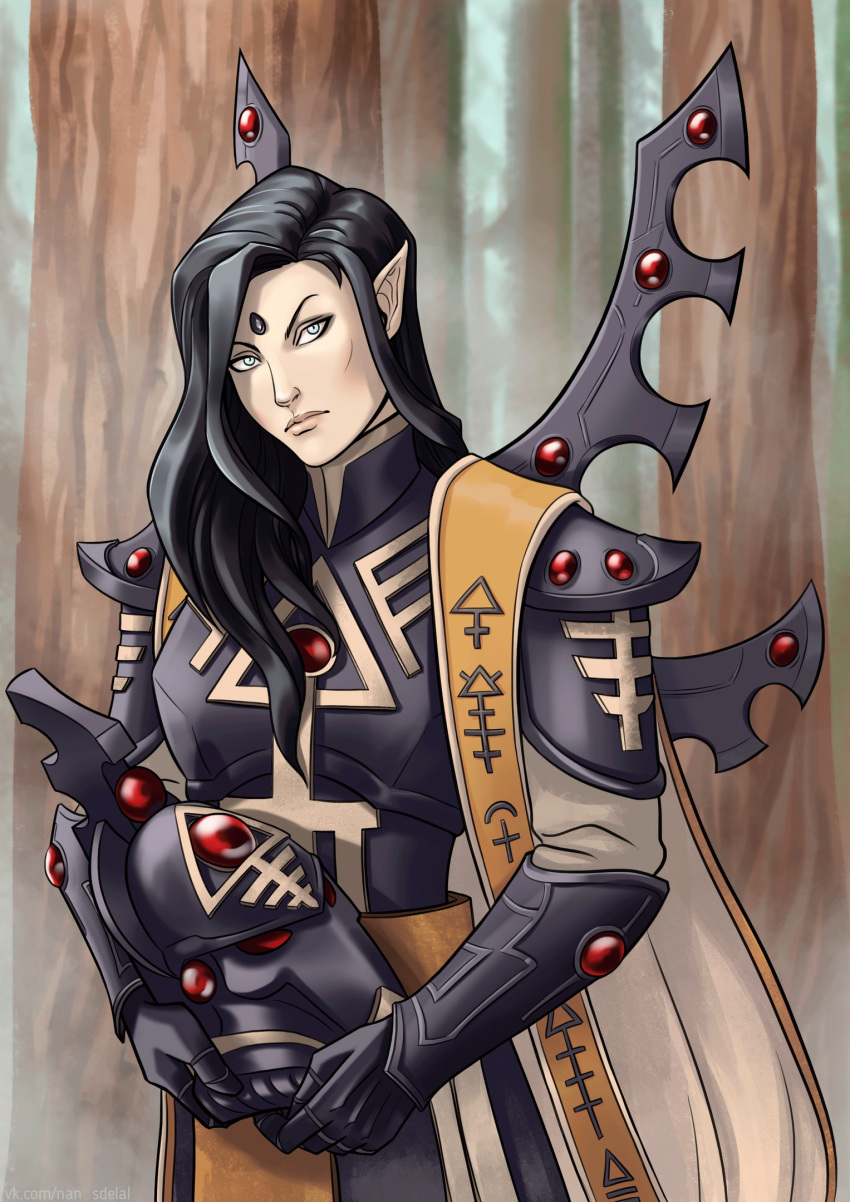 1girl, armor, black_gloves, black_hair, cape, commentary_request, commission, eldar, farseer, forehead_jewel, forest, frown, gloves, head_tilt, helmet, highres, holding, holding_helmet, natalia_kikicheva, nature, pointy_ears, russian_commentary, solo, taldeer, tree, unworn_headwear, unworn_helmet, v-shaped_eyebrows, vambraces, warhammer_40k, white_eyes, yellow_cape