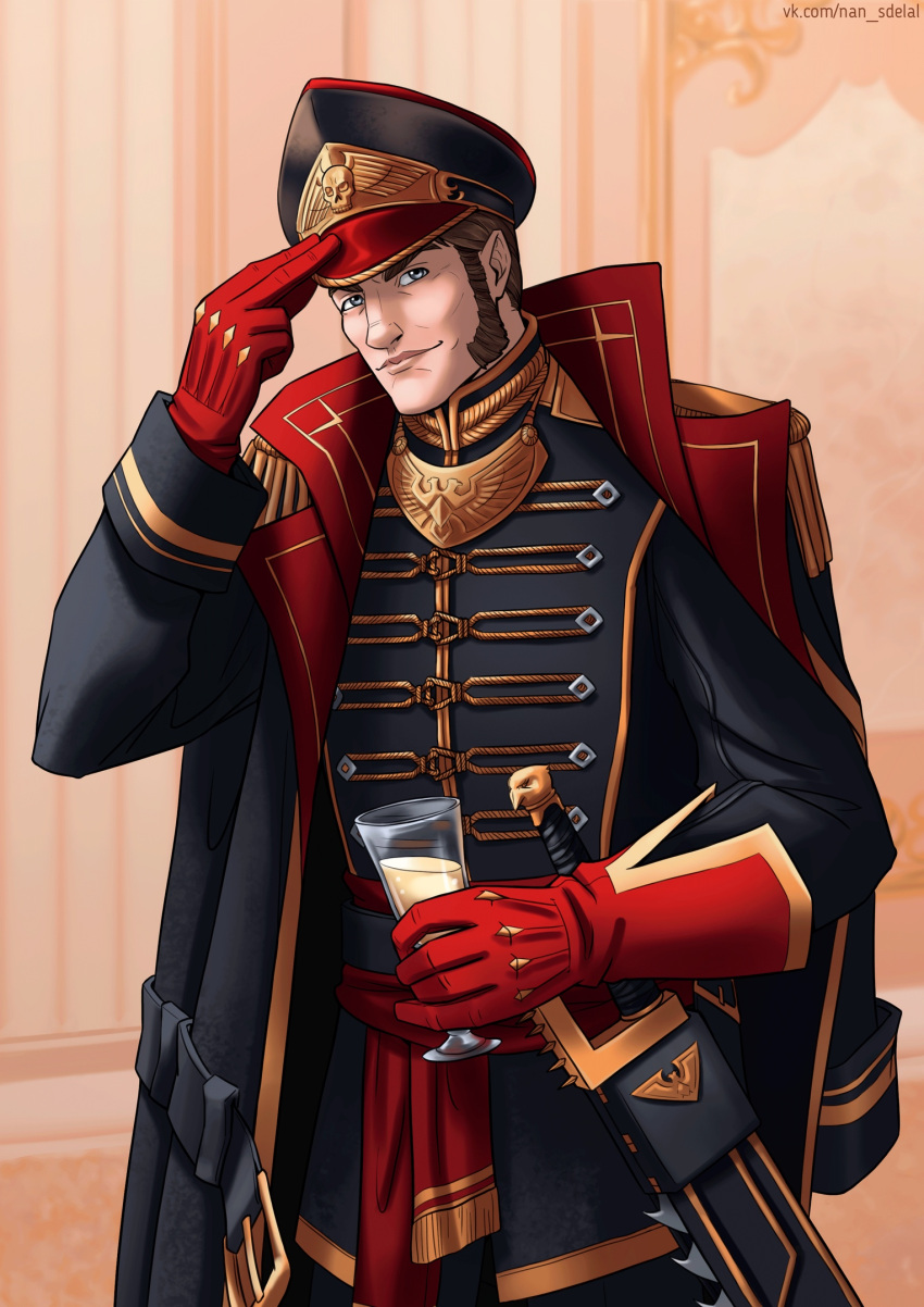 1boy, black_coat, chainsword, ciaphas_cain, coat, commentary_request, commissar, commission