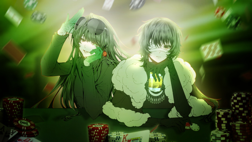 1boy, 1girl, bandage_over_one_eye, black_capelet, black_gloves, black_hair, black_shirt, brother_and_sister