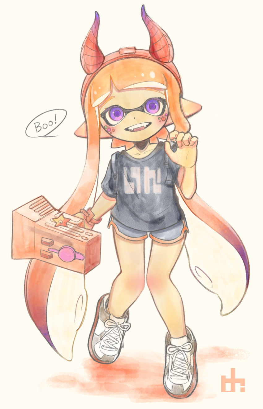 1girl, absurdres, black_shirt, black_shorts, commentary_request, cross-laced_footwear, dolphin_shorts, fake_horns