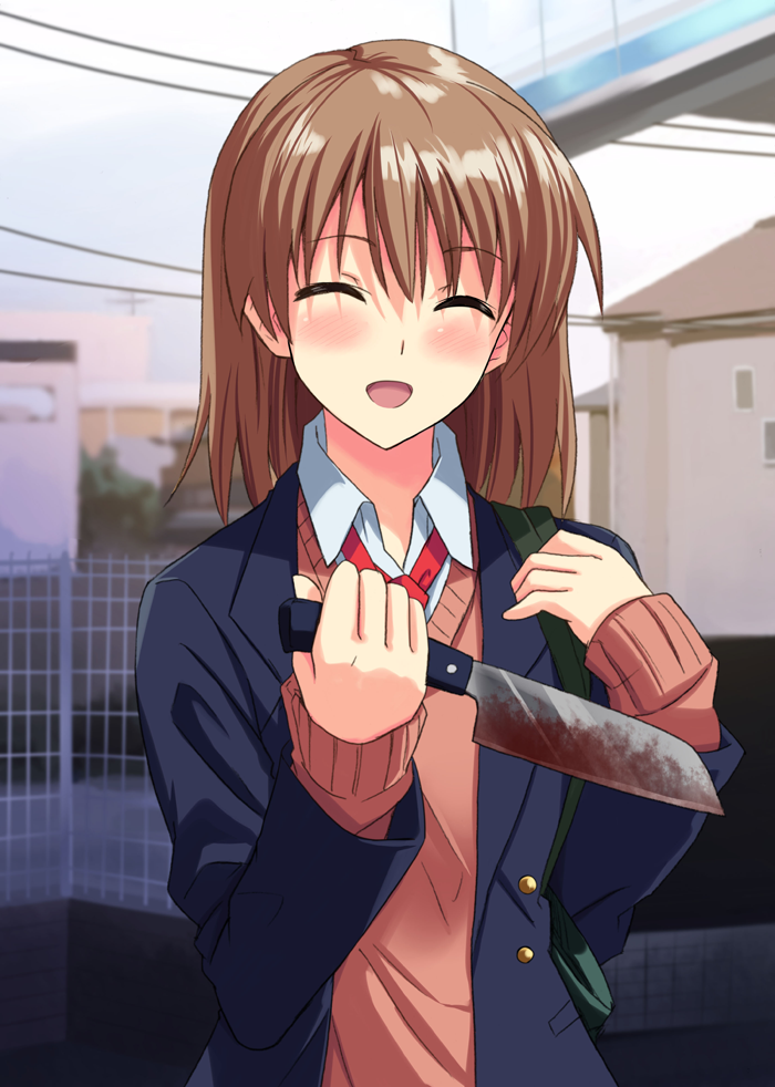 blood, blood_stain, blood_stains, blush, brown_hair, closed_eyes, eyes_closed, hyakuen_raitaa, knife, open_mouth, original, reverse_grip, school_uniform, short_hair, solo, weapon, yandere