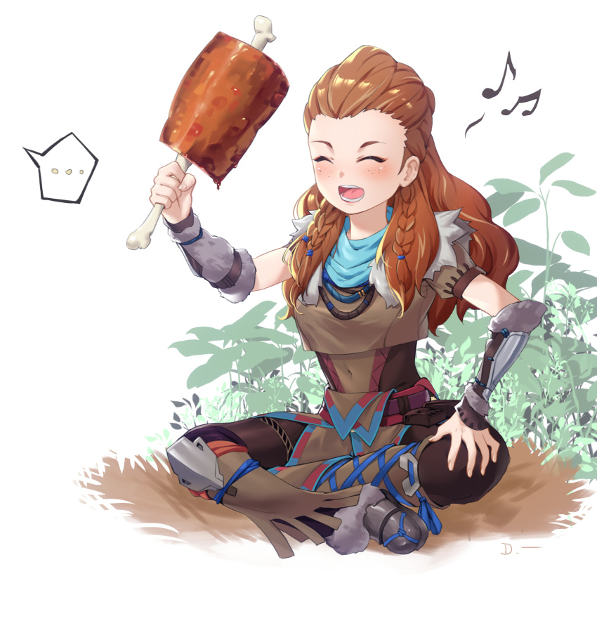 1girl, absurdres, aloy_(horizon), bone, boned_meat, boots, braid, crossed_legs