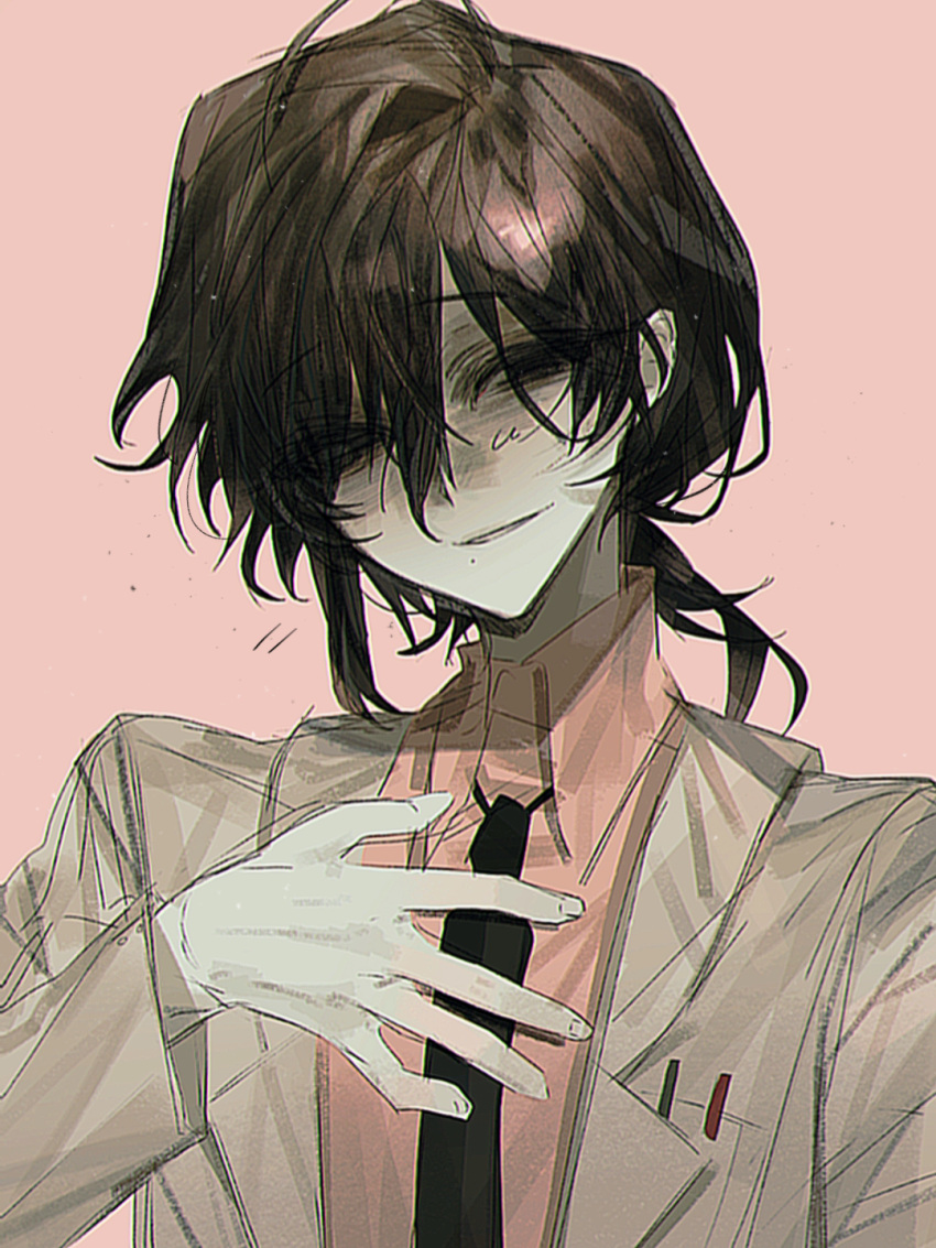 1boy, black_eyes, black_hair, black_necktie, collared_shirt, hair_between_eyes, hand_on_own_chest, highres