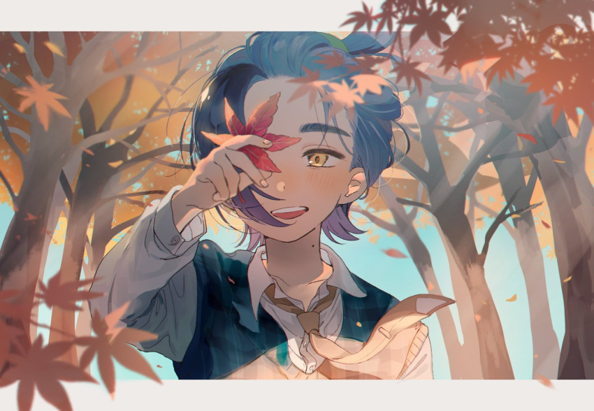 1boy, alternate_costume, autumn, autumn_leaves, black_hair, collared_shirt, commentary, day