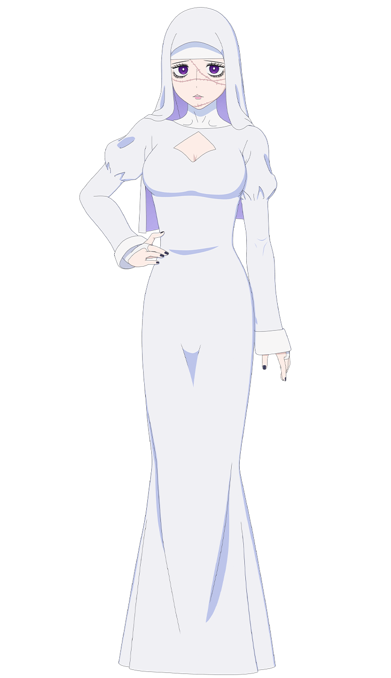 1girl, arm_at_side, black_nails, breasts, bright_pupils, cleavage_cutout, clothing_cutout, daleth_(shinigami_bocchan_to_kuro_maid), dress, full_body, hand_on_own_hip, highres, juliet_sleeves, long_dress, long_sleeves, looking_at_viewer, medium_breasts, nun, official_art, parted_lips, puffy_sleeves, shinigami_bocchan_to_kuro_maid, simple_background, solo, standing, stitched_face, stitches, tachi-e, transparent_background, violet_eyes, white_dress, white_pupils, white_veil