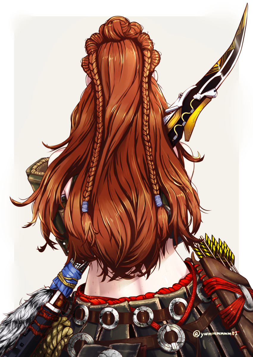 1girl, aloy_(horizon), arrow_(projectile), back, beads, bow_(weapon), braid, from_behind