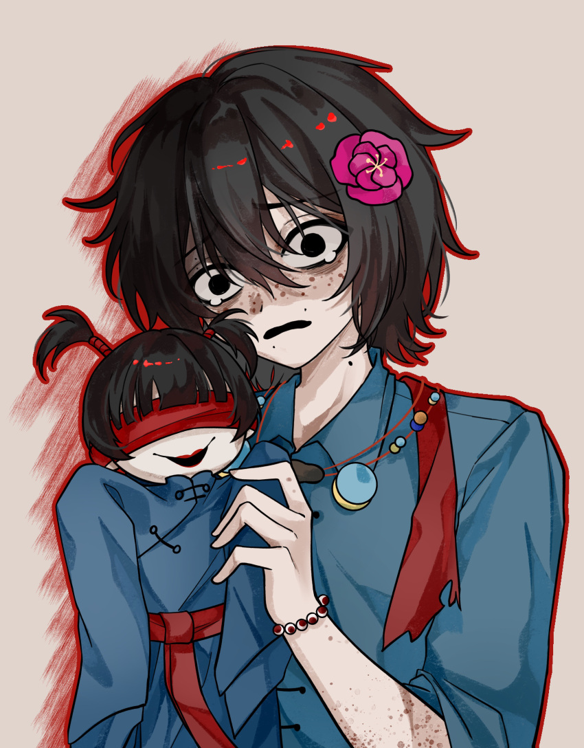 1boy, absurdres, bad_id, bad_lofter_id, black_eyes, black_hair, blue_shirt, body_freckles