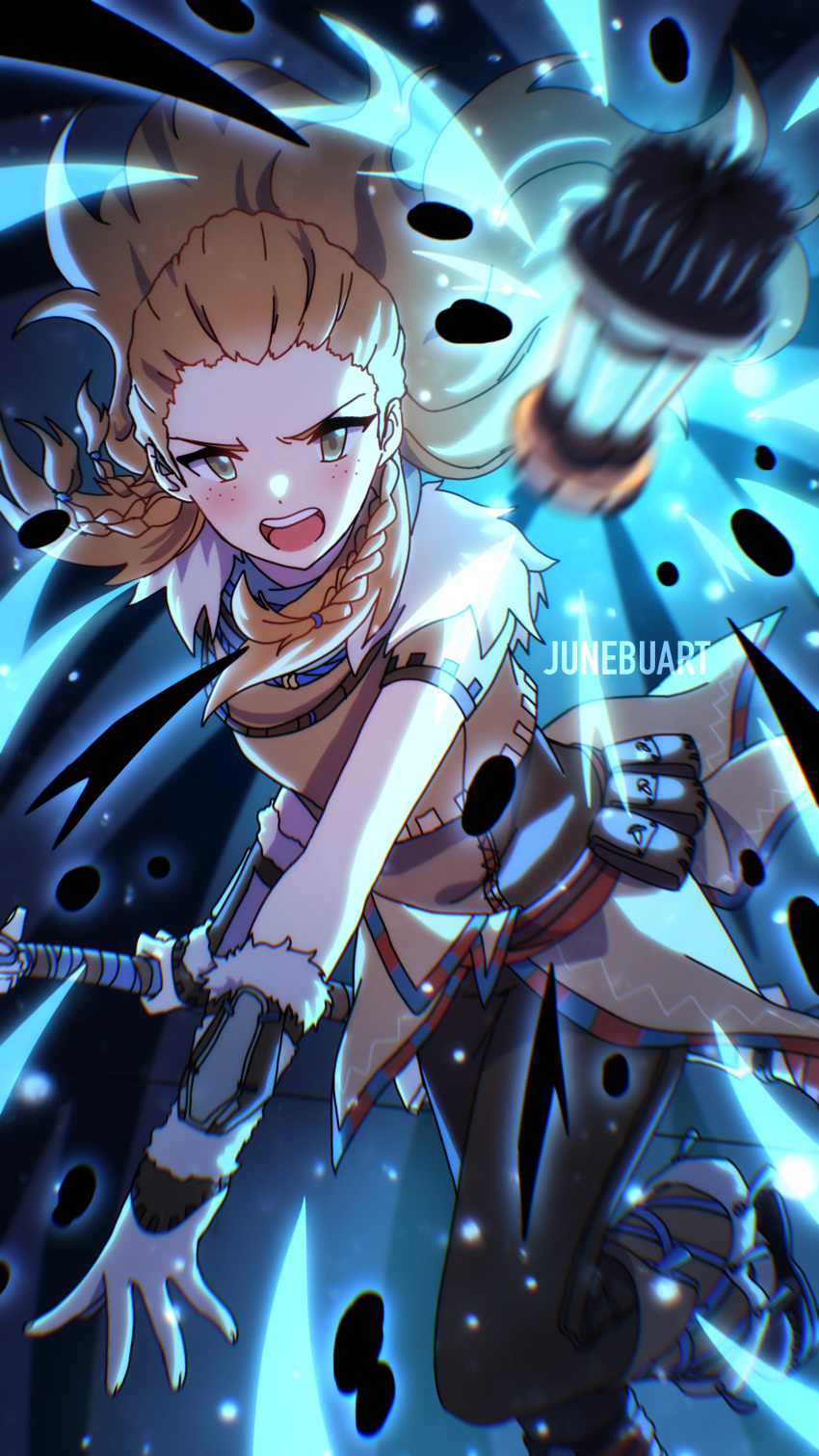 1girl, absurdres, aloy_(horizon), boots, bow_(weapon), braid, freckles, genshin_impact, green_eyes, hair_ornament, highres, horizon_(video_game), horizon_zero_dawn, junebuart, long_hair, looking_at_viewer, orange_hair, solo, tribal, weapon