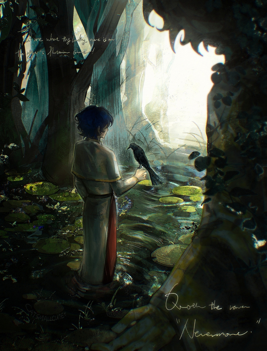 1boy, absurdres, belt, bird, bird_on_hand, black_belt, blue_hair, capelet