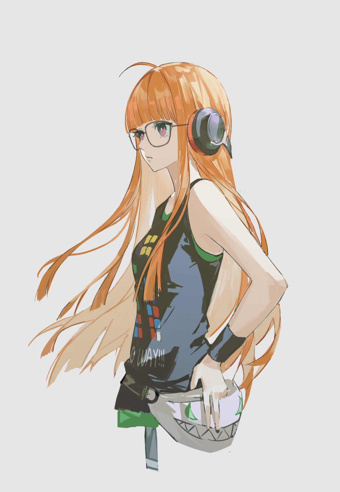 1girl, ahoge, bare_shoulders, black-framed_eyewear, black_shirt, blunt_bangs, closed_mouth, cropped_torso