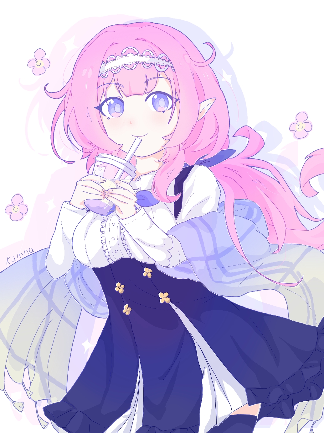 1girl, artist_name, blue_dress, blue_eyes, breasts, bubble_tea, cup, disposable_cup, dress, drinking, drinking_straw, elf, elysia_(coco)_(honkai_impact), elysia_(honkai_impact), elysia_(miss_pink_elf)_(honkai_impact), floral_background, hairband, highres, holding, holding_cup, honkai_(series), honkai_impact_3rd, kamna, large_breasts, looking_at_viewer, official_alternate_costume, pink_hair, pointy_ears, smile, solo, two-tone_dress, white_background, white_dress, white_hairband