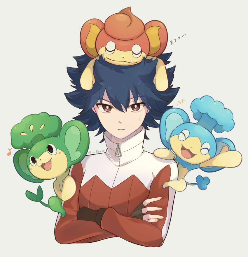 1boy, absurdres, animal_ears, black_eyes, blue_hair, brown_eyes, brown_gloves, closed_mouth