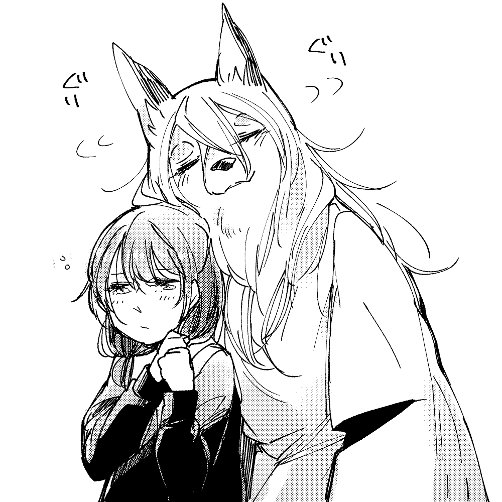 2girls, blush, body_fur, closed_eyes, fox_girl, furry, furry_female, greyscale