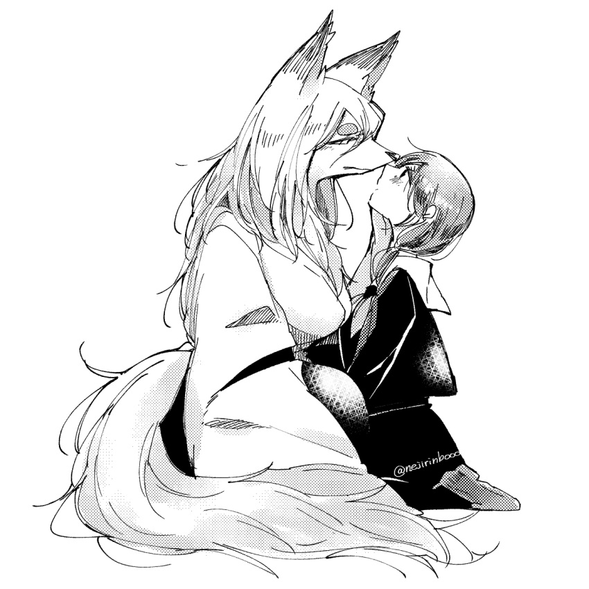 2girls, body_fur, fox_girl, full_body, furry, furry_female, greyscale, hand_on_another's_face
