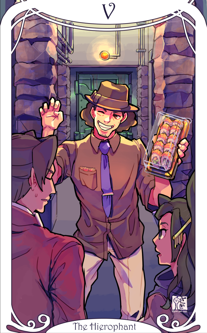 1girl, 2boys, ace_attorney, ace_attorney_investigations, ace_attorney_investigations_2:_prosecutor's_gambit, arm_up, artistic_error, black_hat