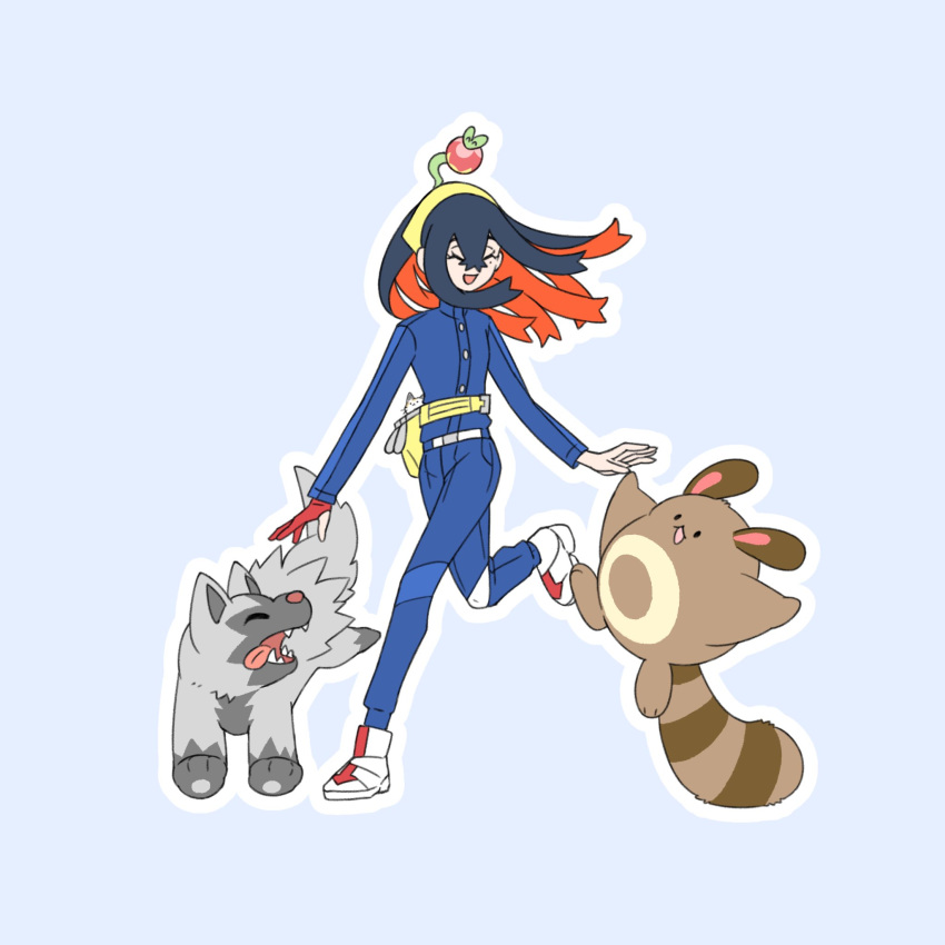1girl, applin, black_hair, blue_jacket, carmine_(pokemon), closed_eyes, colored_inner_hair, crossed_bangs