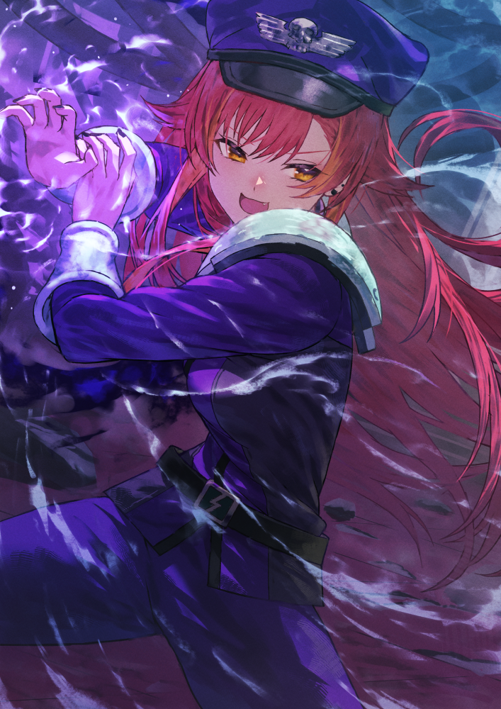 1girl, :3, armor, belt, black_nails, cosplay, cowboy_shot, ear_piercing, fagi_(kakikaki), fang, half-closed_eyes, hat, long_hair, long_sleeves, m._bison, m._bison_(cosplay), military_hat, military_uniform, nekota_tsuna, open_mouth, orange_eyes, pauldrons, piercing, purple_hat, purple_shirt, redhead, rubble, shirt, shoulder_armor, shoulder_pads, solo, street_fighter, street_fighter_6, vambraces, virtual_youtuber, vspo!