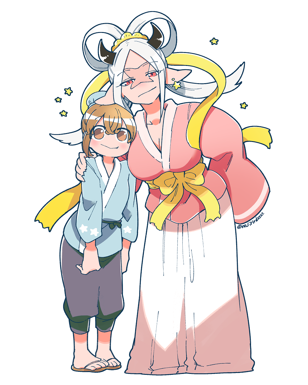 2girls, animal_ears, blue_kimono, brown_eyes, brown_hair, commentary_request, full_body, hakama