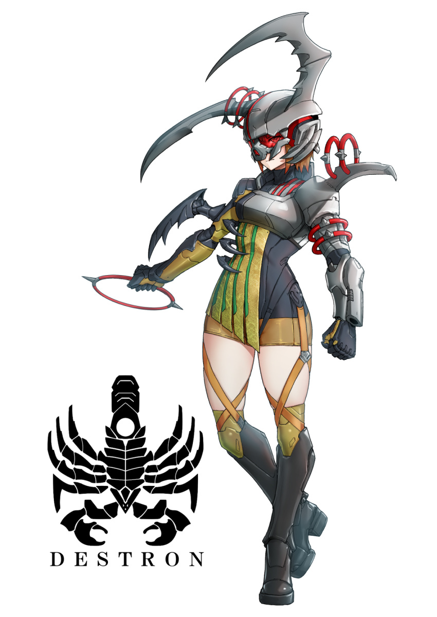 1girl, arthropod_girl, beetle_girl, bodysuit, boots, commentary, cyborg, eidenjyou1997, english_commentary, fake_horns, full_body, genderswap, genderswap_(mtf), helmet, highres, holding, holding_hoop, hoop, horned_helmet, horns, kaijin, kamen_rider, kamen_rider_v3_(series), logo, monster_girl, red-tinted_eyewear, shorts, simple_background, solo, thigh_boots, thighs, tinted_eyewear, wanage_kuwagata, white_background
