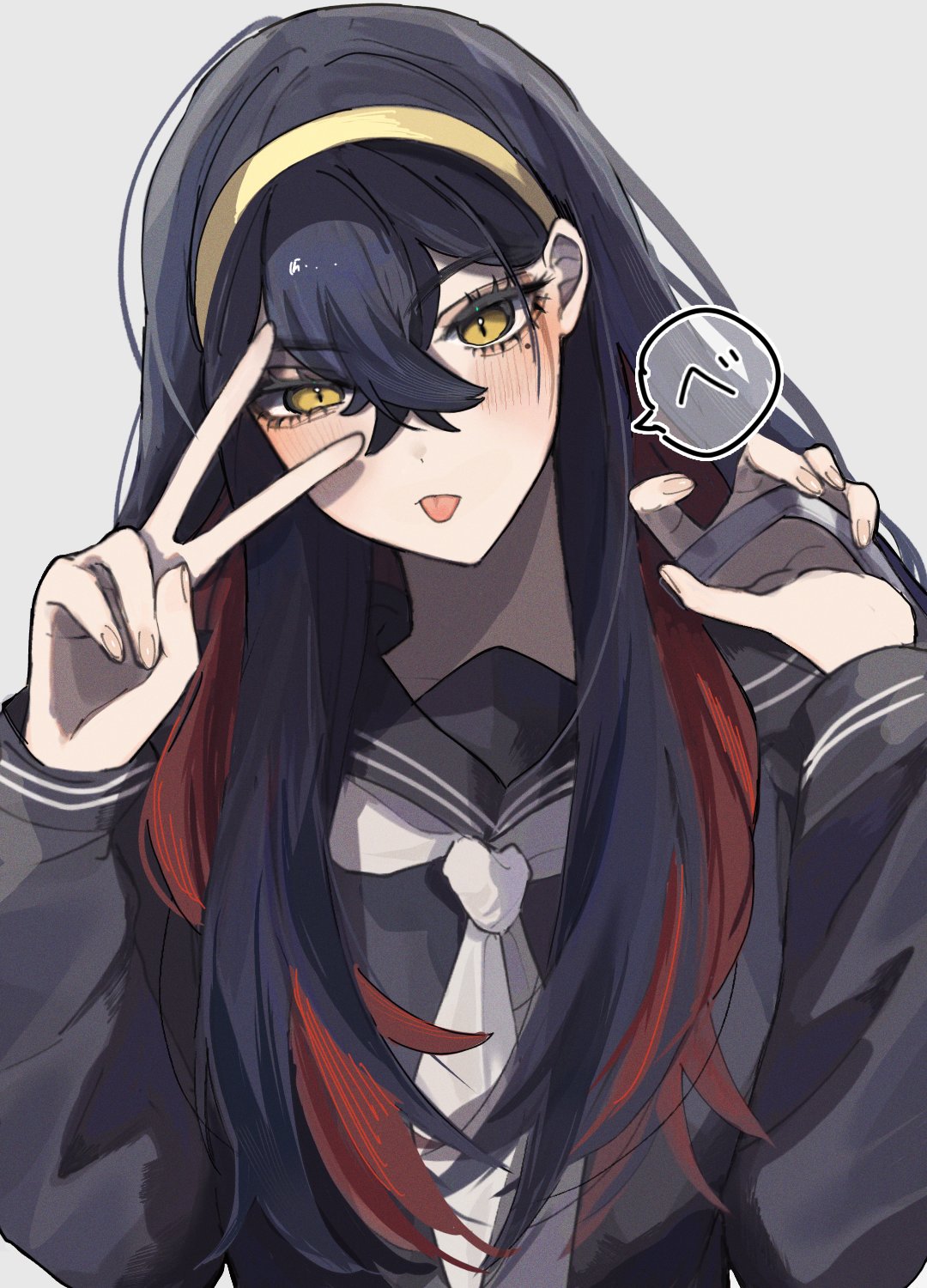 1girl, :p, alternate_costume, black_hair, blush, carmine_(pokemon), crossed_bangs, eyelashes