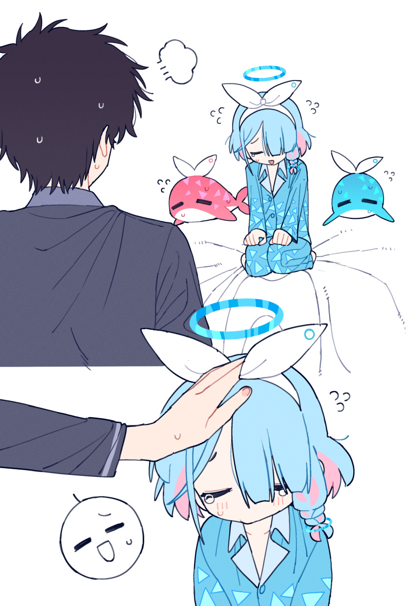1boy, 1girl, =_=, absurdres, arona_(blue_archive), black_hair, black_pajamas, blue_archive, blue_hair, blue_pajamas, blush, closed_eyes, facing_down, flying_sweatdrops, halo, hand_on_own_head, highres, je_o_mo, multicolored_hair, multiple_views, open_collar, pajamas, pink_hair, puff_of_air, seiza, sensei_(blue_archive), sitting, spoken_expression, tears, two-tone_hair, whale