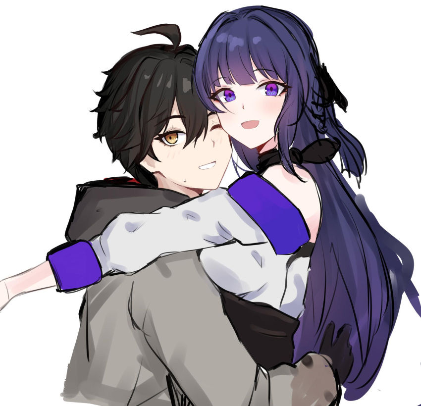 1boy, 1girl, :d, ;d, adam_(honkai_impact), ahoge, bad_id, bad_twitter_id