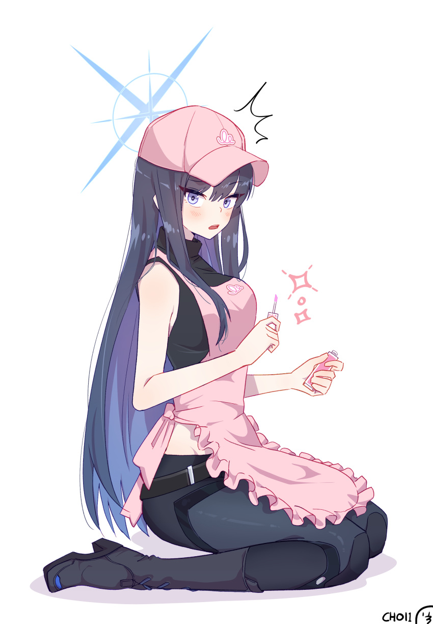 1girl, absurdres, apron, baseball_cap, blue_archive, blue_eyes, blue_halo, choi1