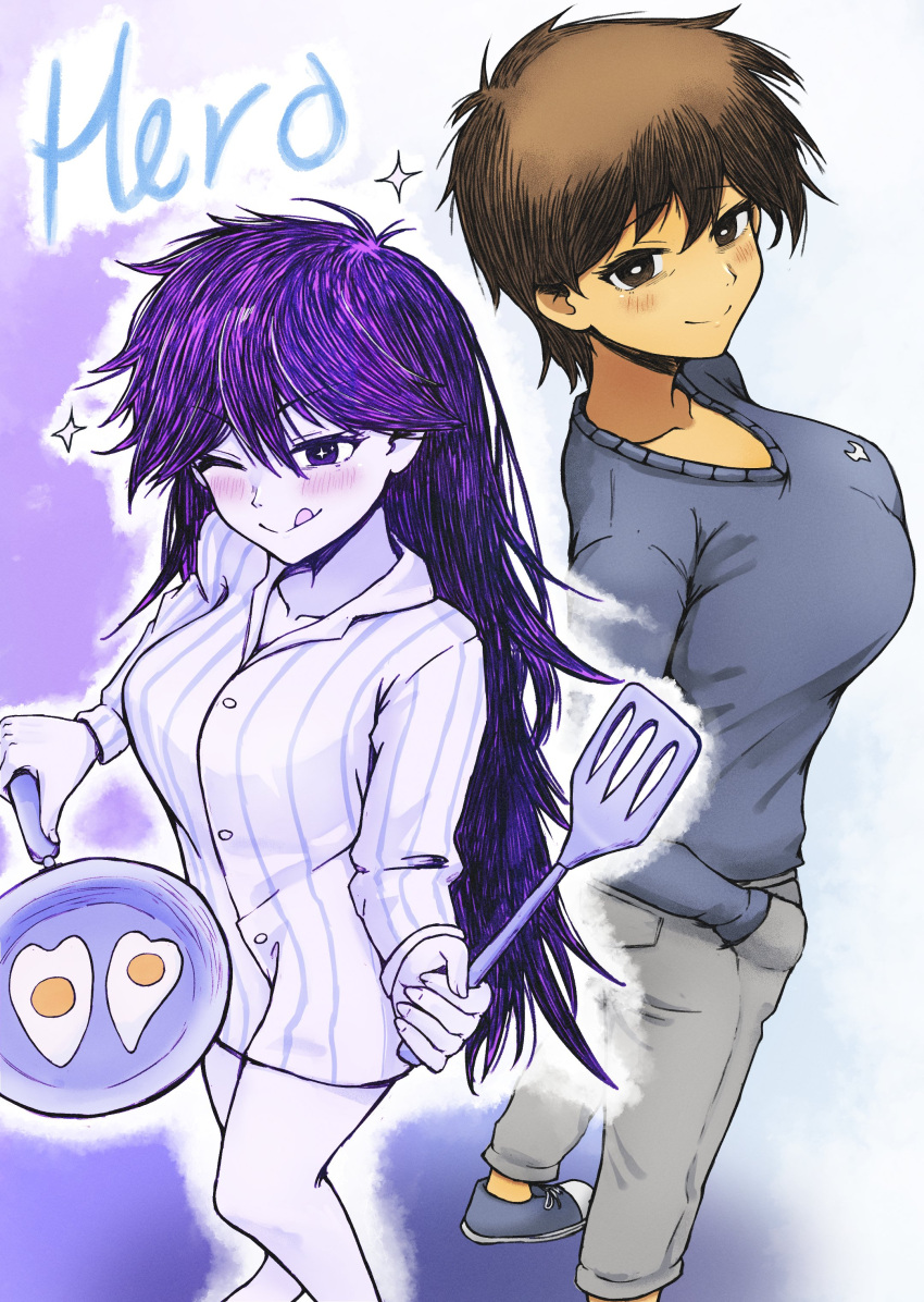 2girls, absurdres, black_eyes, blue_footwear, breasts, brown_hair, egg_(food), food, genderswap, genderswap_(mtf), grey_pants, heart, heart-shaped_food, hero_(faraway)_(omori), hero_(headspace)_(omori), hero_(omori), highres, holding, holding_spatula, long_hair, multiple_girls, omori, pajamas, pants, short_hair, simple_background, smile, sparkle, sparkling_eyes, spatula, striped_clothes, tongue, tongue_out, v-neck, vegasvat1