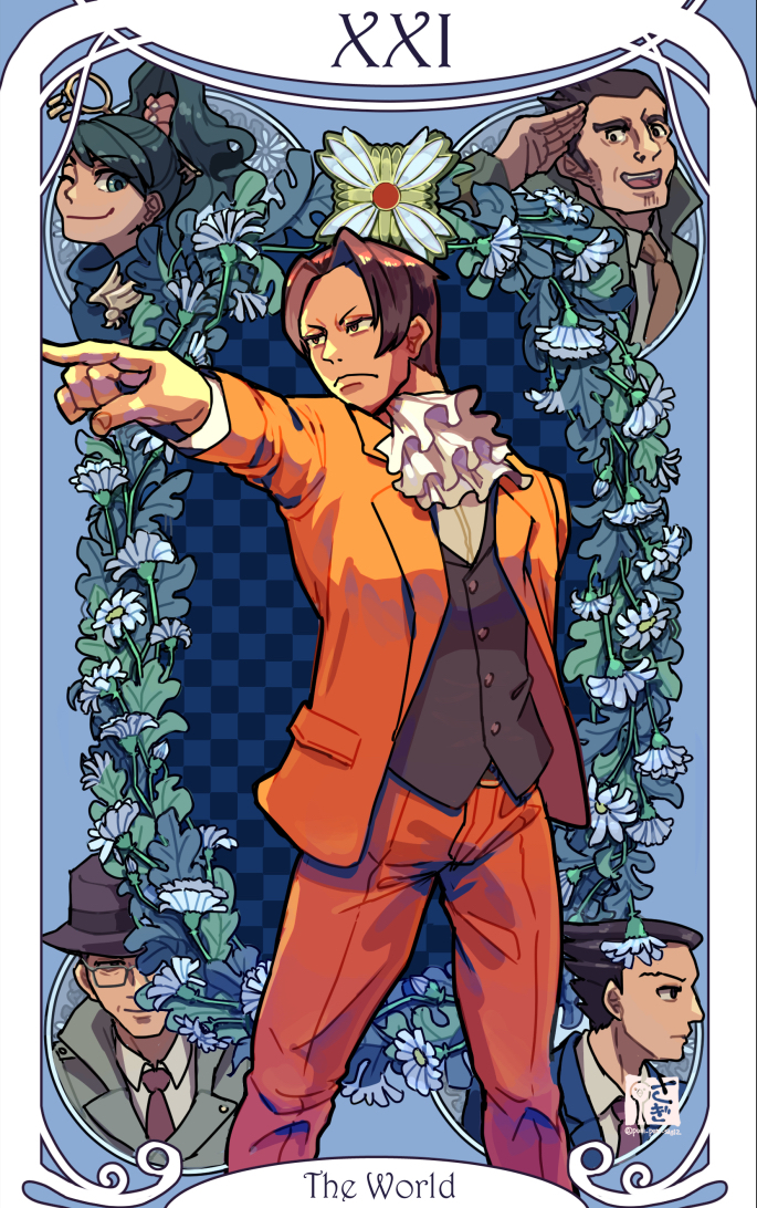1girl, 4boys, ace_attorney, ace_attorney_investigations, arm_up, ascot, badge, beard_stubble