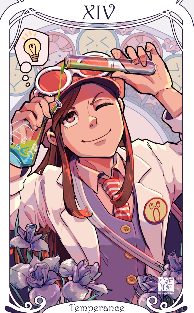 1girl, ace_attorney, ace_attorney_investigations, arms_up, brown_eyes, brown_hair, cabbie_hat, card_(medium)