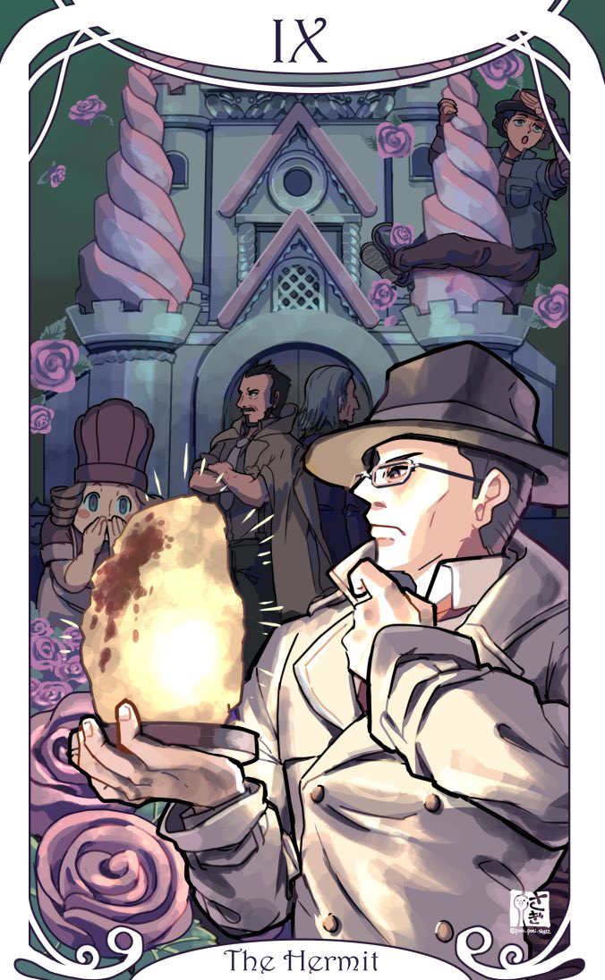 1girl, 4boys, ace_attorney, ace_attorney_investigations, ace_attorney_investigations_2:_prosecutor's_gambit, aged_down, apron, arms_up