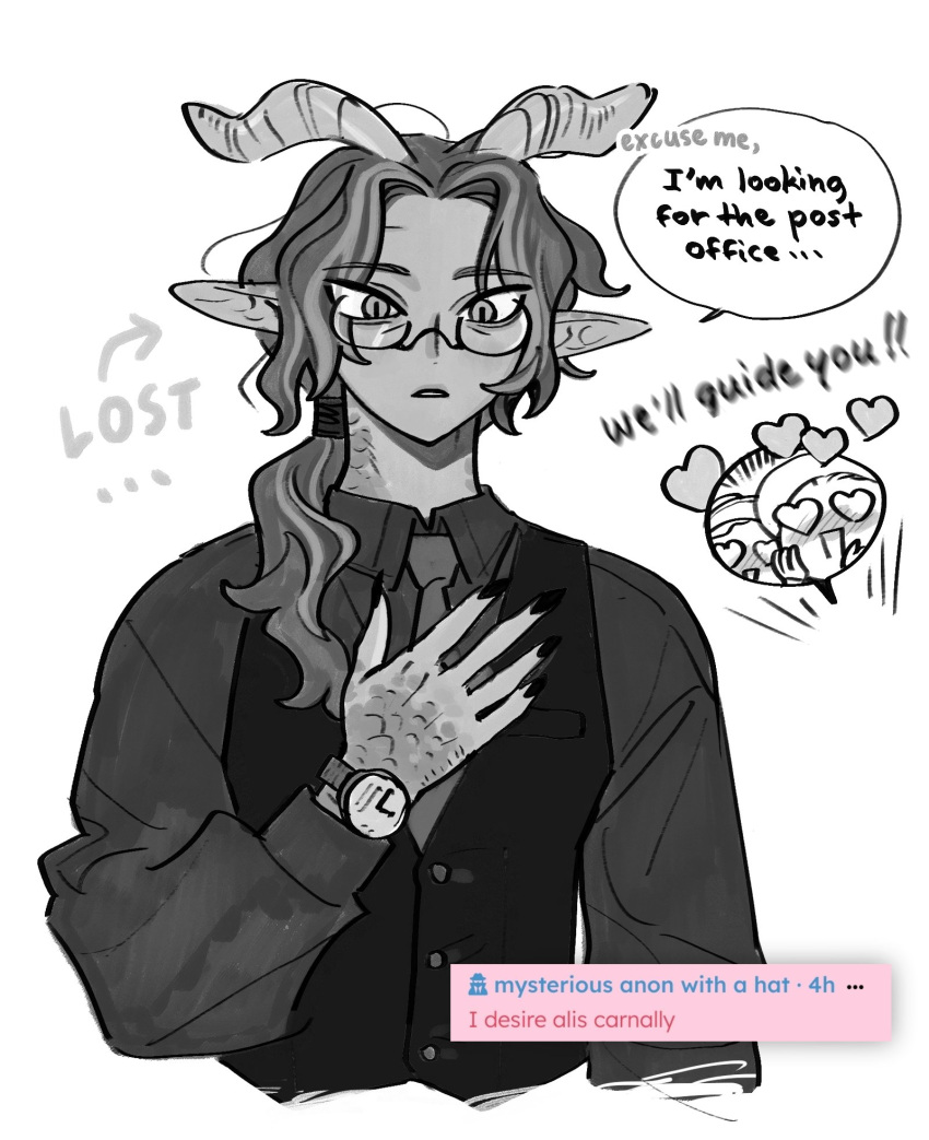 1boy, 2others, alis_(memcchi), dragon_boy, dragon_horns, english_commentary, english_text, fingernails