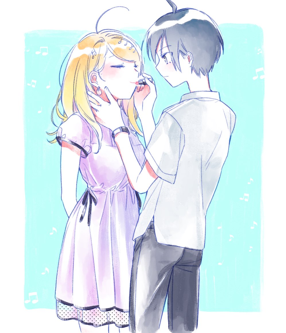 1boy, 1girl, ahoge, akamatsu_kaede, alternate_costume, applying_makeup, applying_makeup_on_another, arms_behind_back, black_bow, black_hair, black_pants, blonde_hair, blue_background, border, bow, closed_eyes, closed_mouth, collared_shirt, commentary_request, cosmetics, couple, cowboy_shot, danganronpa_(series), danganronpa_v3:_killing_harmony, denim, dress, dress_bow, earrings, expressionless, eyelashes, face-to-face, hair_ornament, hand_on_another's_neck, hetero, holding, holding_lipstick_tube, jeans, jewelry, light_blush, lipstick_tube, long_hair, looking_at_another, musical_note, musical_note_background, musical_note_hair_ornament, pants, pink_lipstick_tube, pleated_skirt, pocket, purple_dress, saihara_shuichi, shirt, short_dress, short_hair, short_sleeves, sidelocks, skirt, smile, sphere_earrings, watch, white_border, white_shirt, yellow_eyes, zang_li